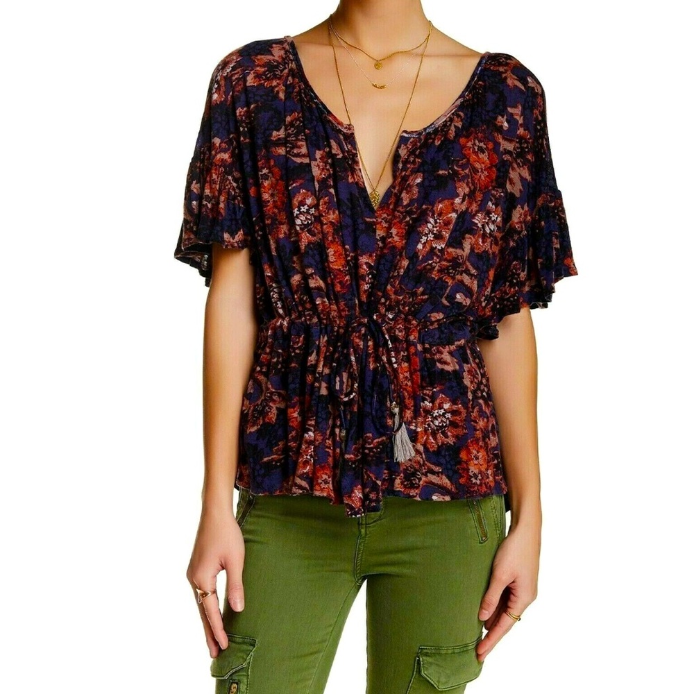 Free People Riverbend Ruffle Sleeve Blouse Top -Indigo Combo -Size XS -NWT!